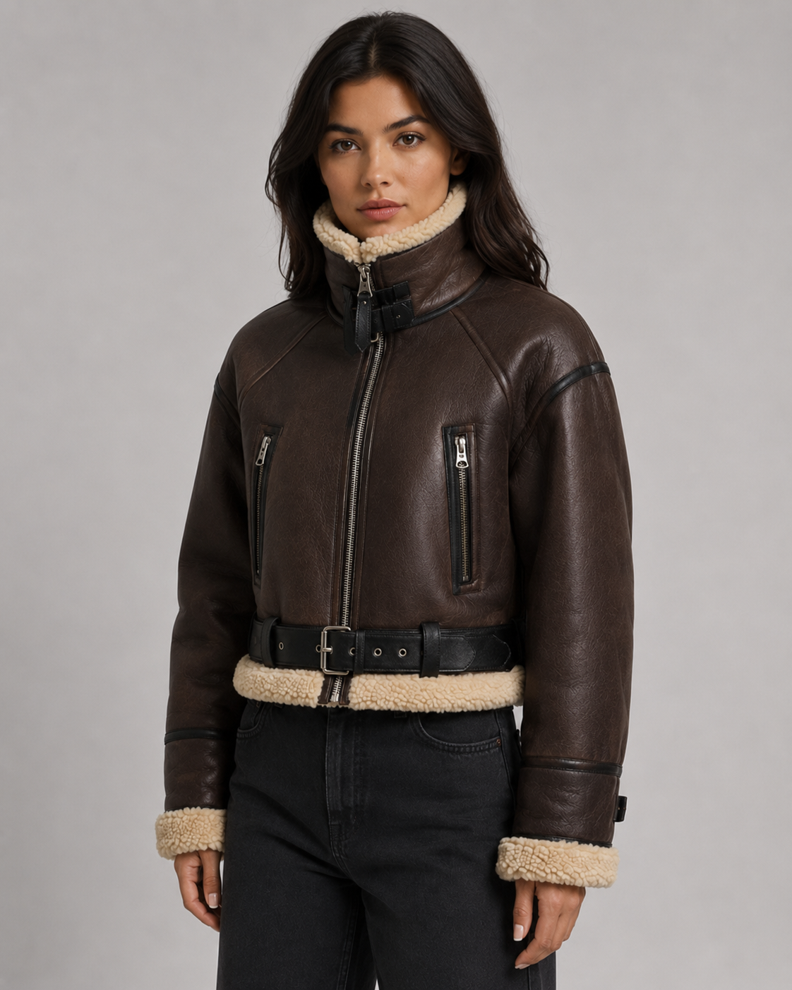 Women's Cropped Faux Leather Aviator Jacket – Faux Shearling Collar