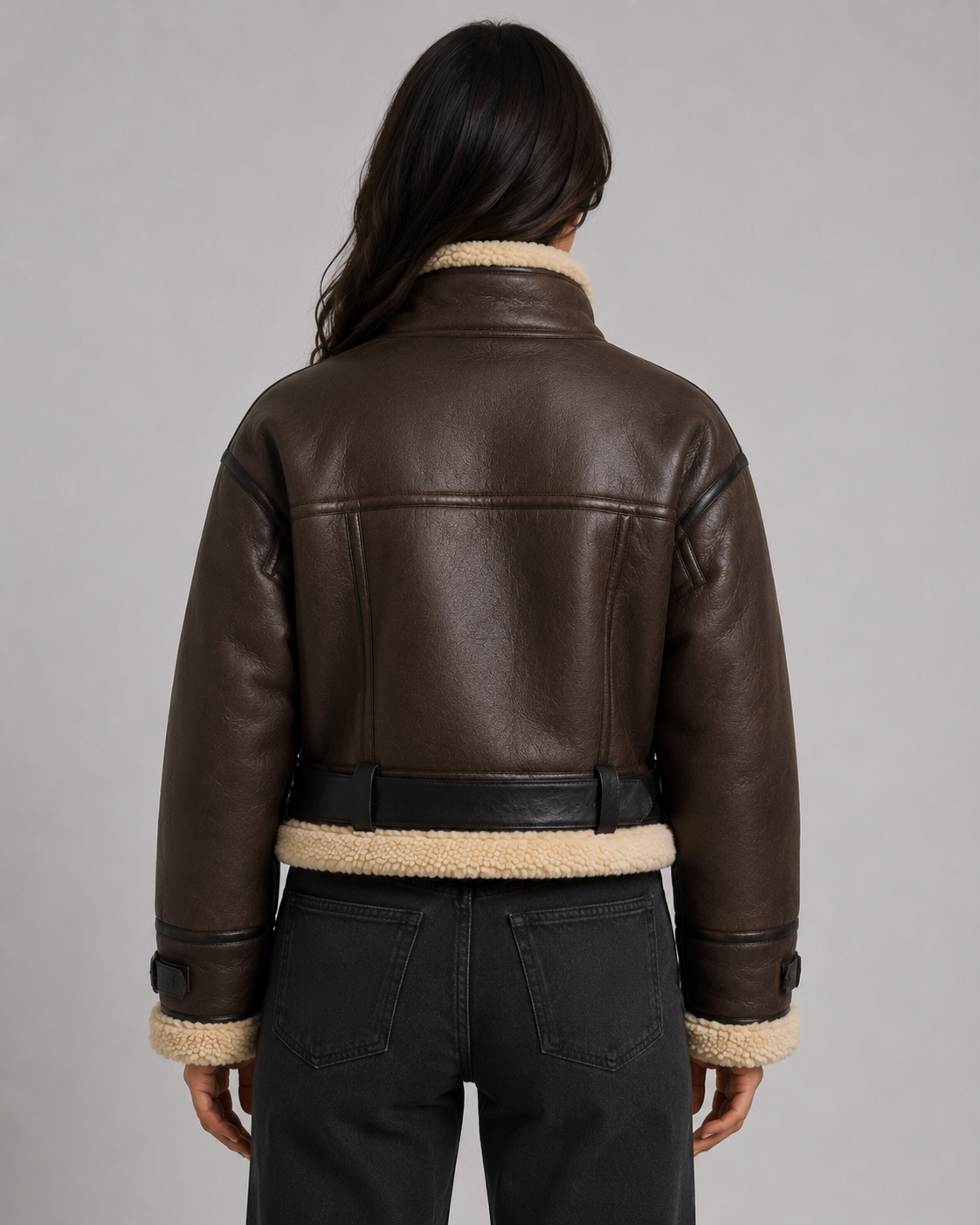 Women's Cropped Faux Leather Aviator Jacket – Faux Shearling Collar
