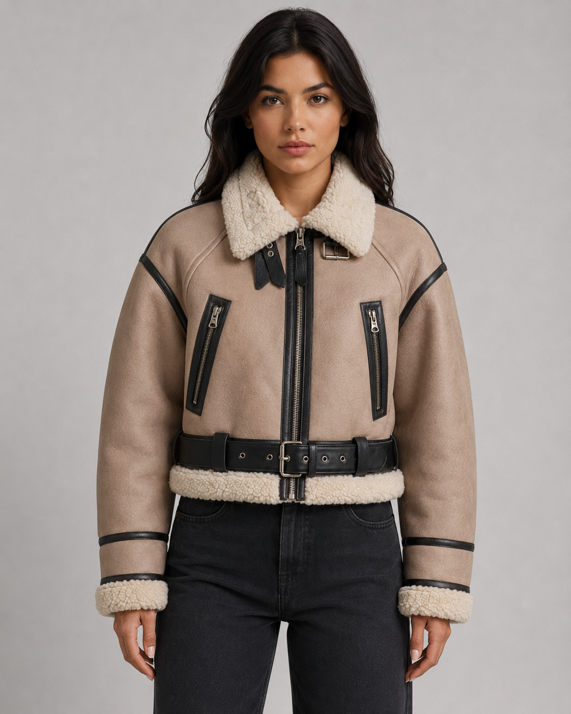Women's Cropped Faux Leather Aviator Jacket – Faux Shearling Collar