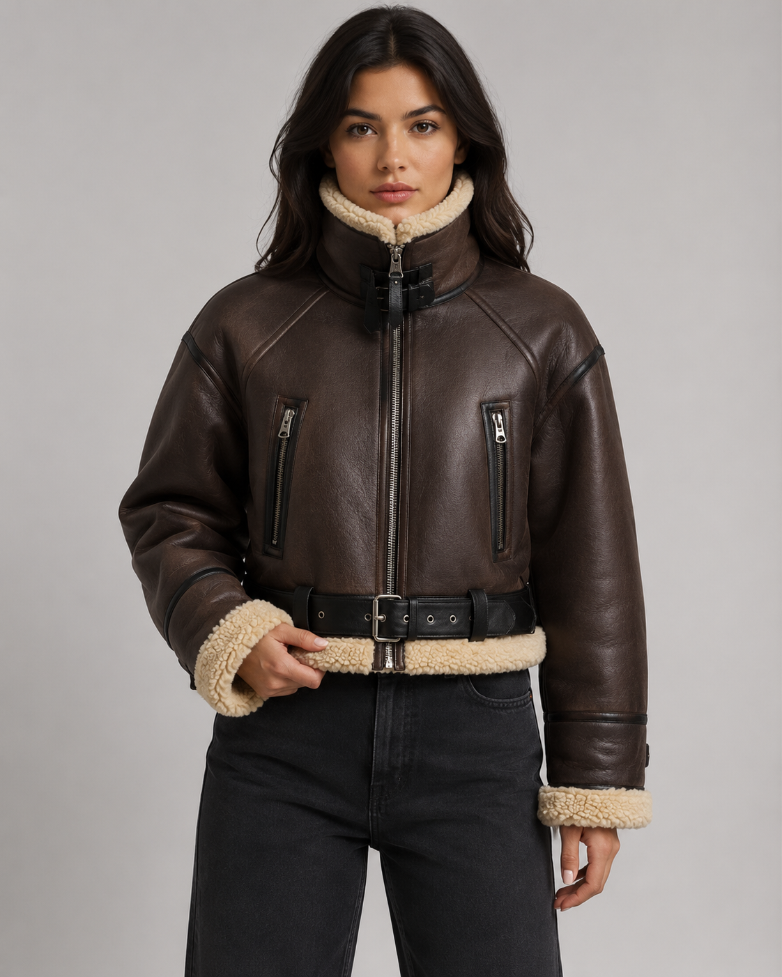 Women's Cropped Faux Leather Aviator Jacket – Faux Shearling Collar