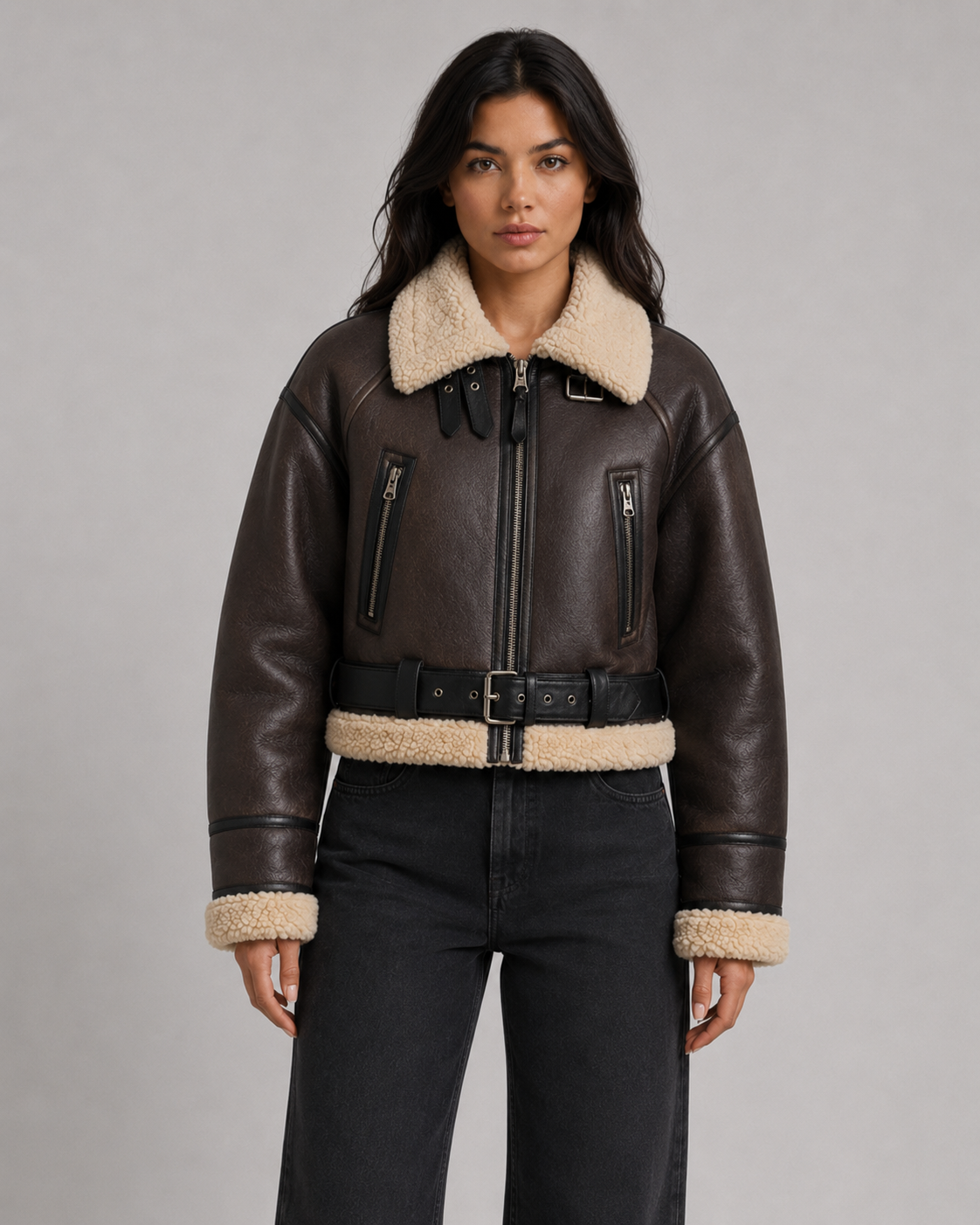 Women's Cropped Faux Leather Aviator Jacket – Faux Shearling Collar