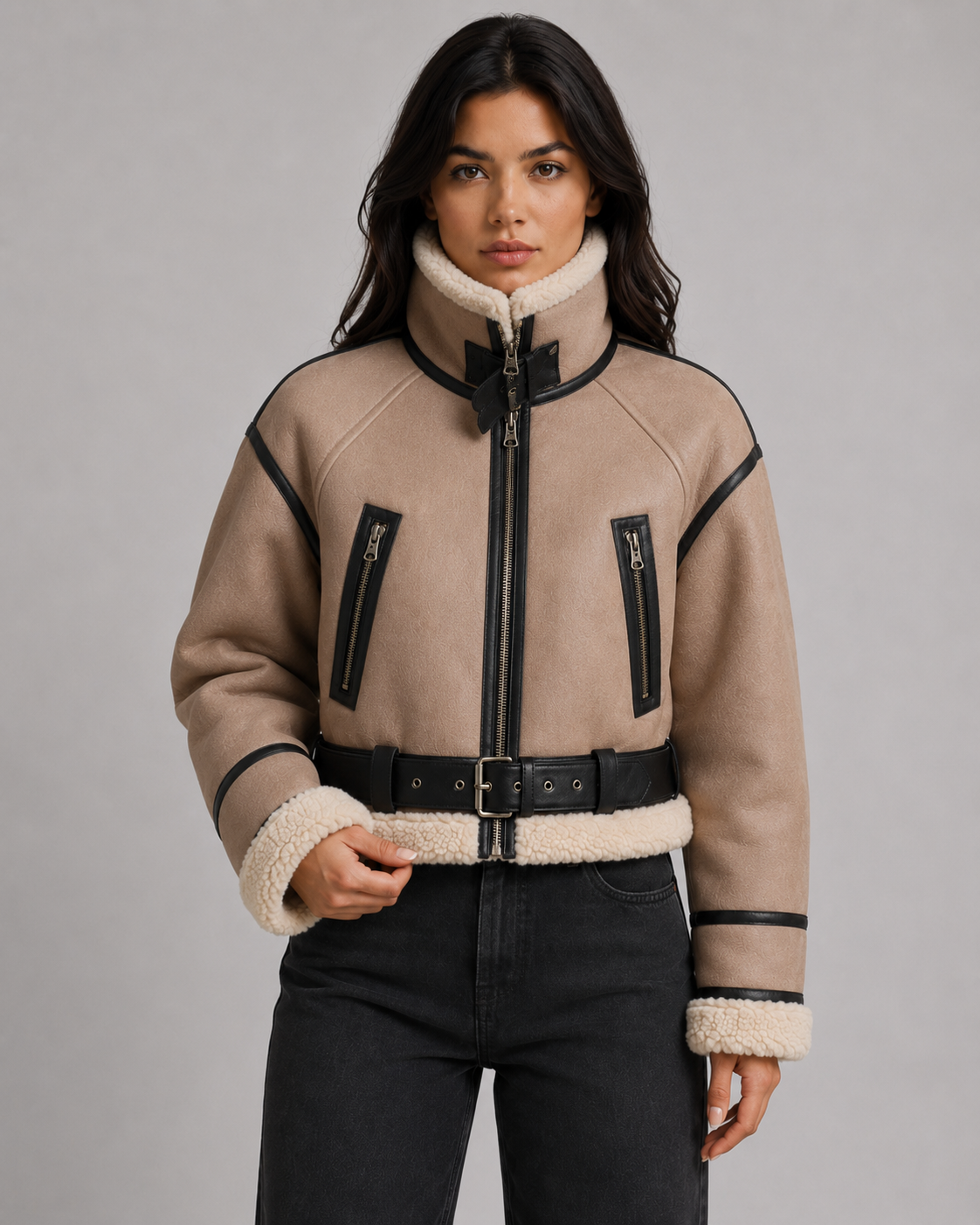 Women's Cropped Faux Leather Aviator Jacket – Faux Shearling Collar