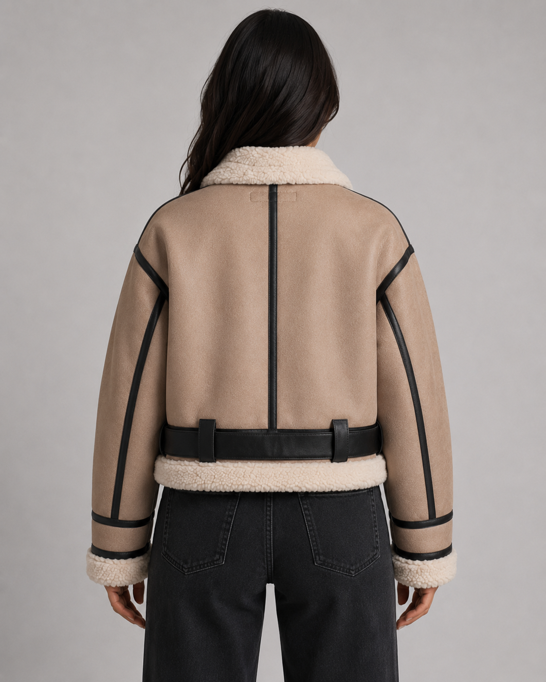 Women's Cropped Faux Leather Aviator Jacket – Faux Shearling Collar