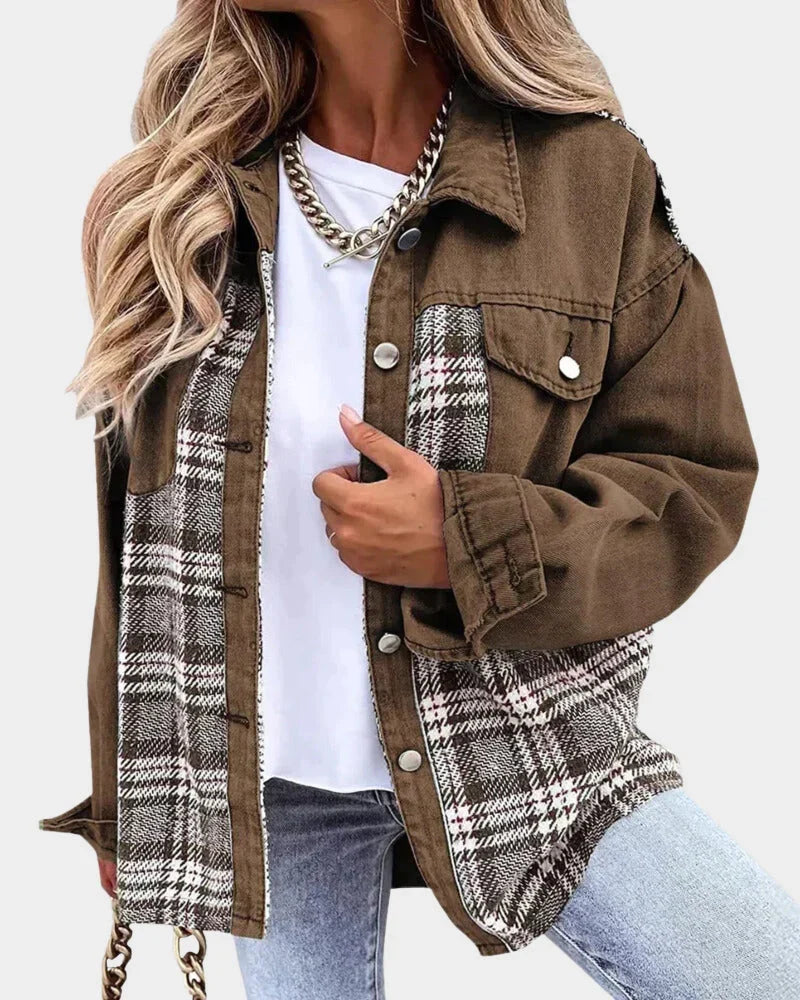 Women's Denim Jacket | Long Sleeve with Plaid Contrast