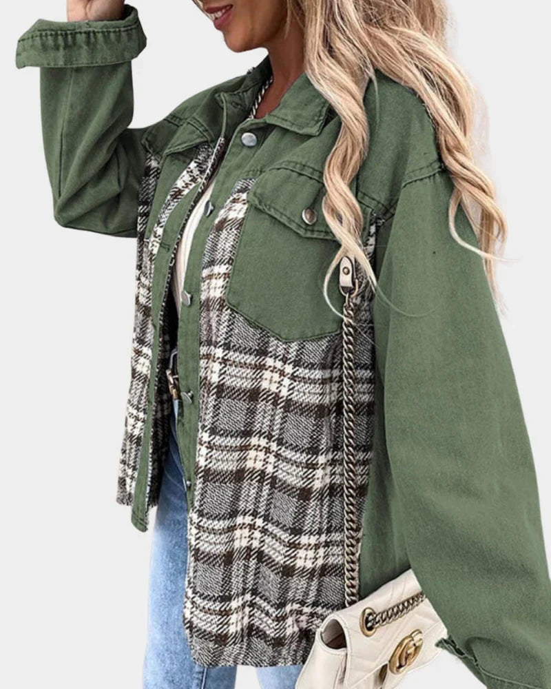 Women's Denim Jacket | Long Sleeve with Plaid Contrast