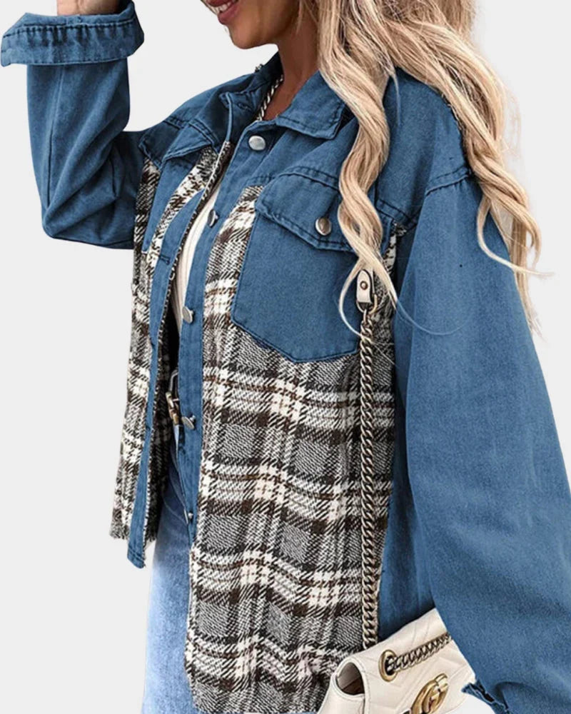 Women's Denim Jacket | Long Sleeve with Plaid Contrast