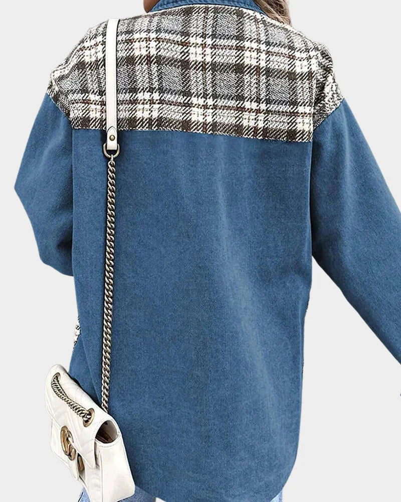 Women's Denim Jacket | Long Sleeve with Plaid Contrast