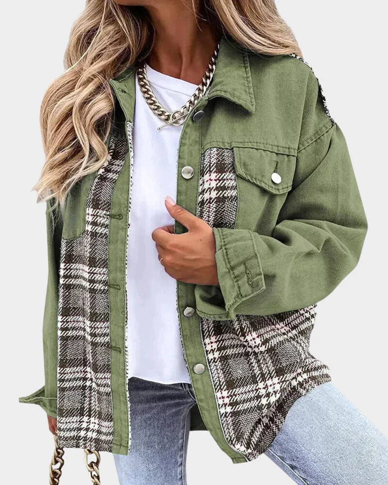 Women's Denim Jacket | Long Sleeve with Plaid Contrast