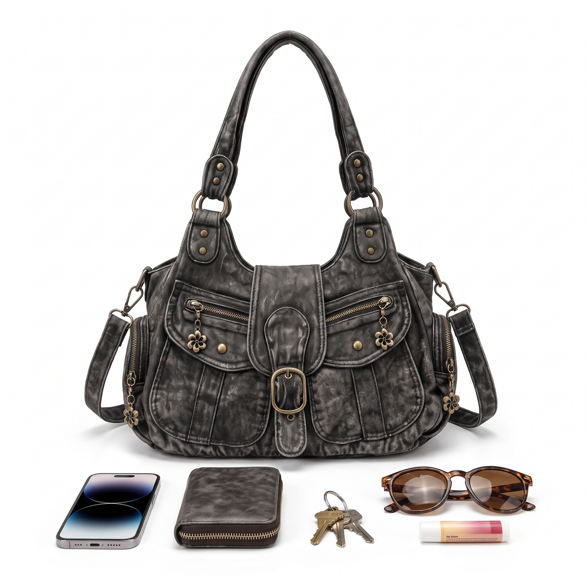 Distressed Denim Shoulder Bag for Women, Black Y2K Buckle Moto Bag