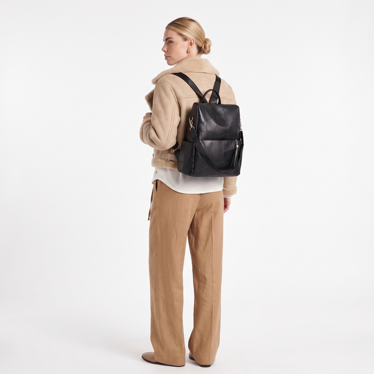 Faux Leather Back Zip Backpack for Women, Black City Backpack Purse