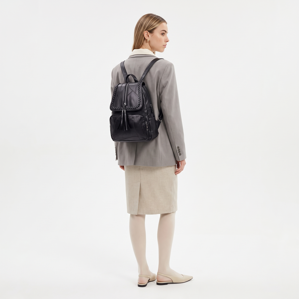 Faux Leather Braided Flap Backpack for Women, Black City Backpack Purse