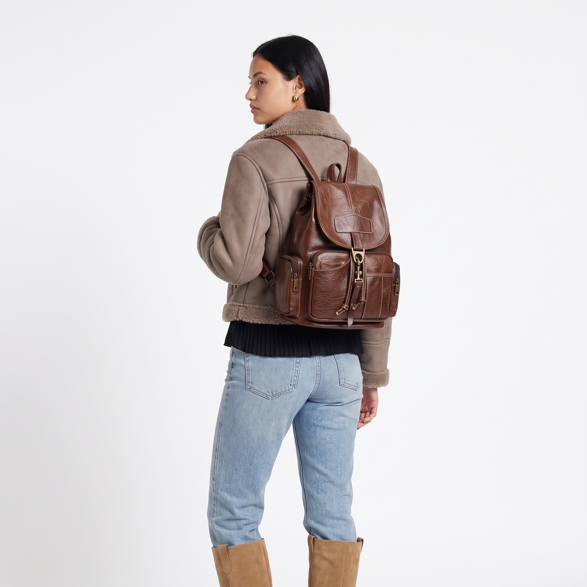 Faux Leather Drawstring Backpack for Women, Dark Brown Everyday Casual Backpack Purse