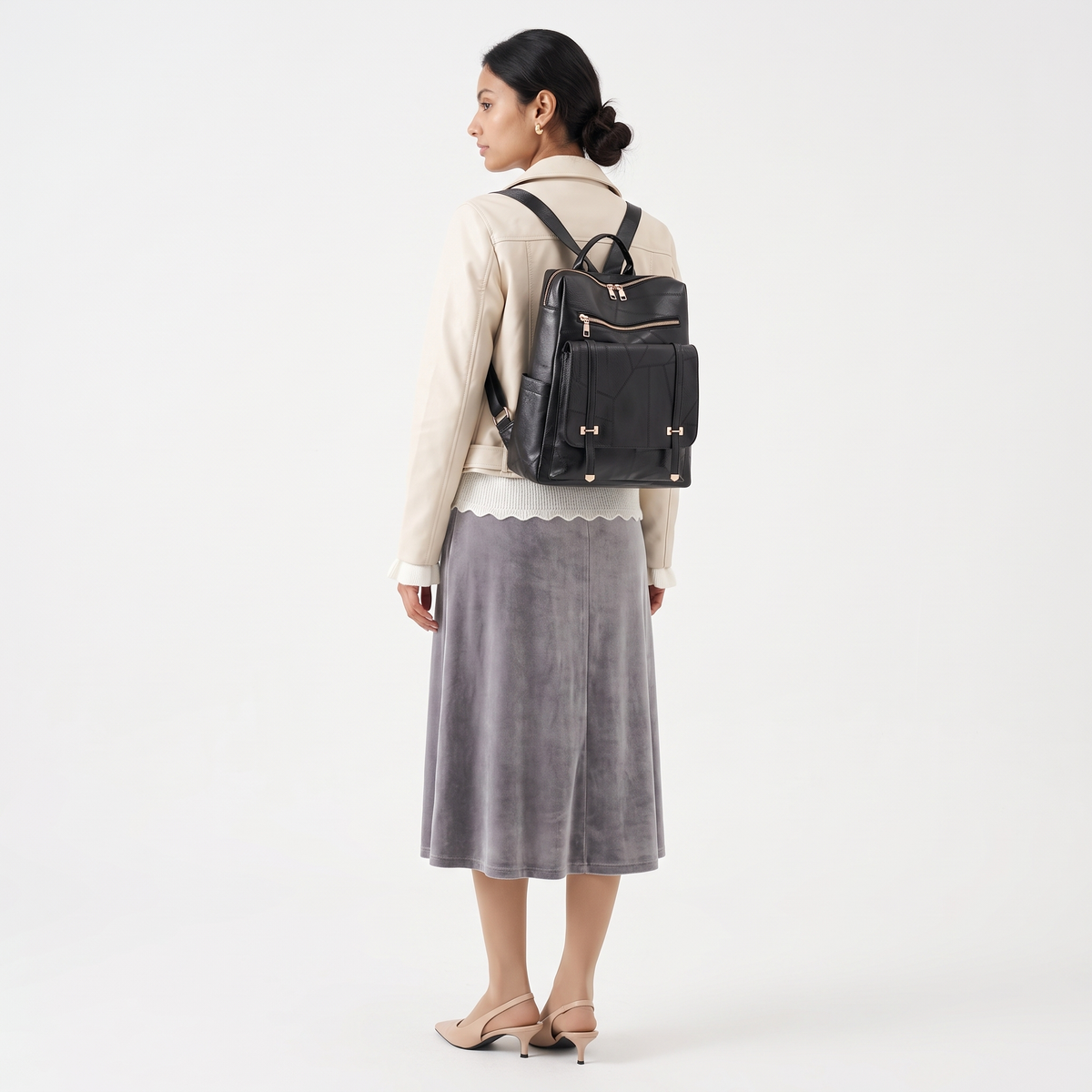 Faux Leather Flap Pocket Backpack for Women, Black City Backpack Purse