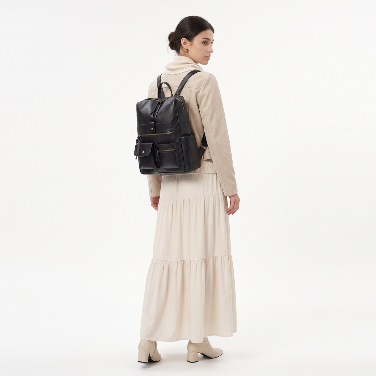 Faux Leather Multi Pocket Backpack for Women, Black Everyday Casual Backpack Purse
