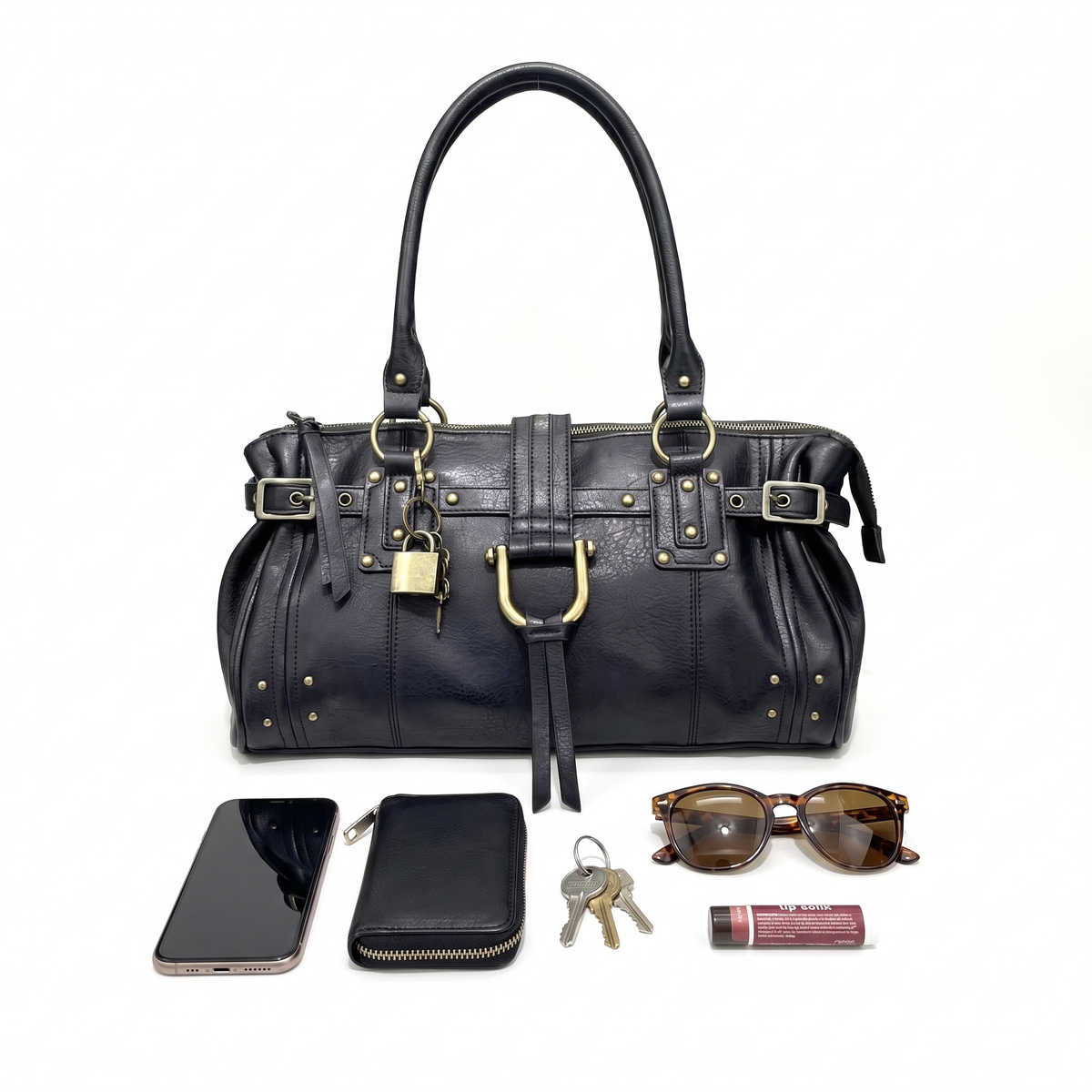 Faux Leather Padlock Bowling Bag for Women, Black Y2K Belted Handbag