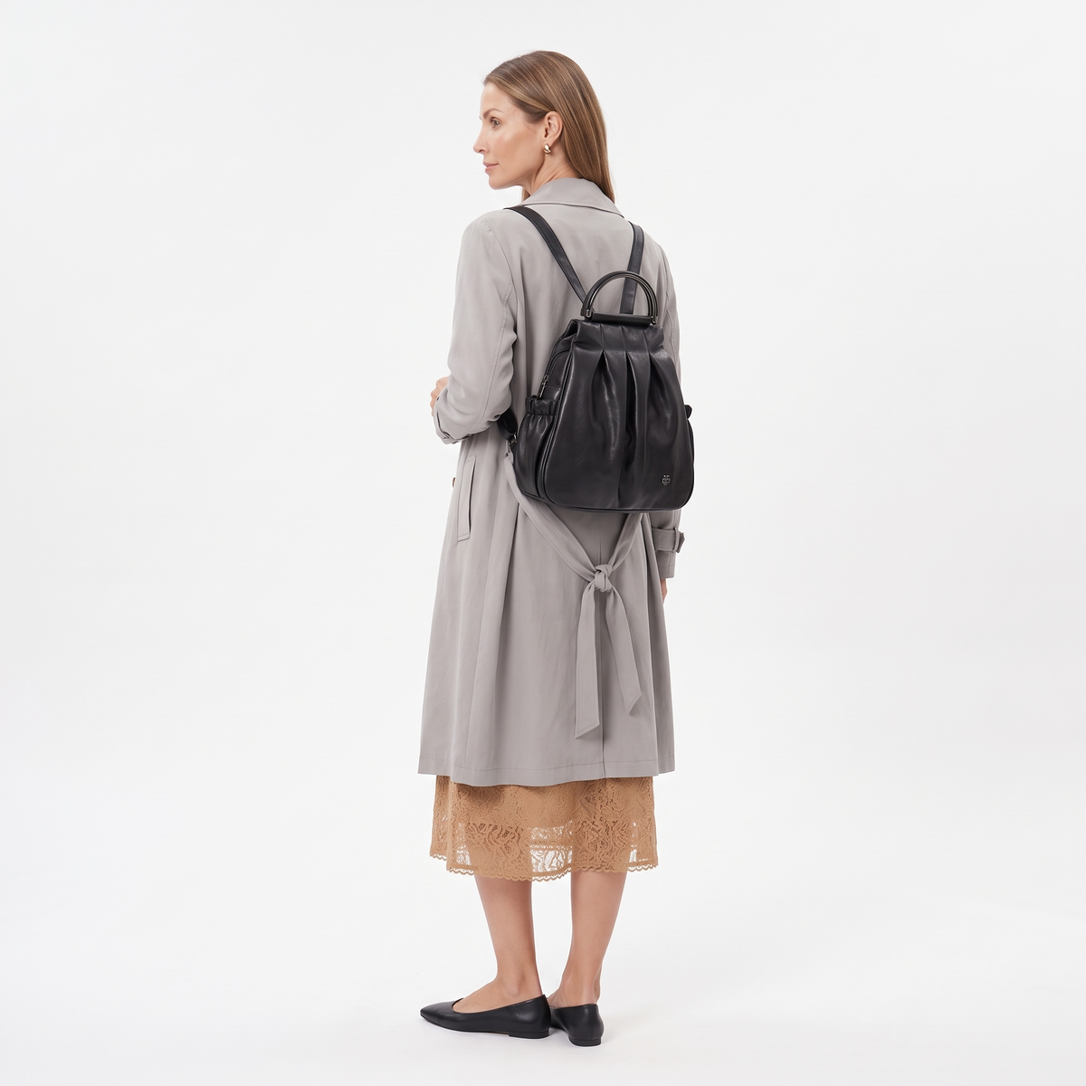 Faux Leather Pleated Backpack for Women, Black City Backpack Purse