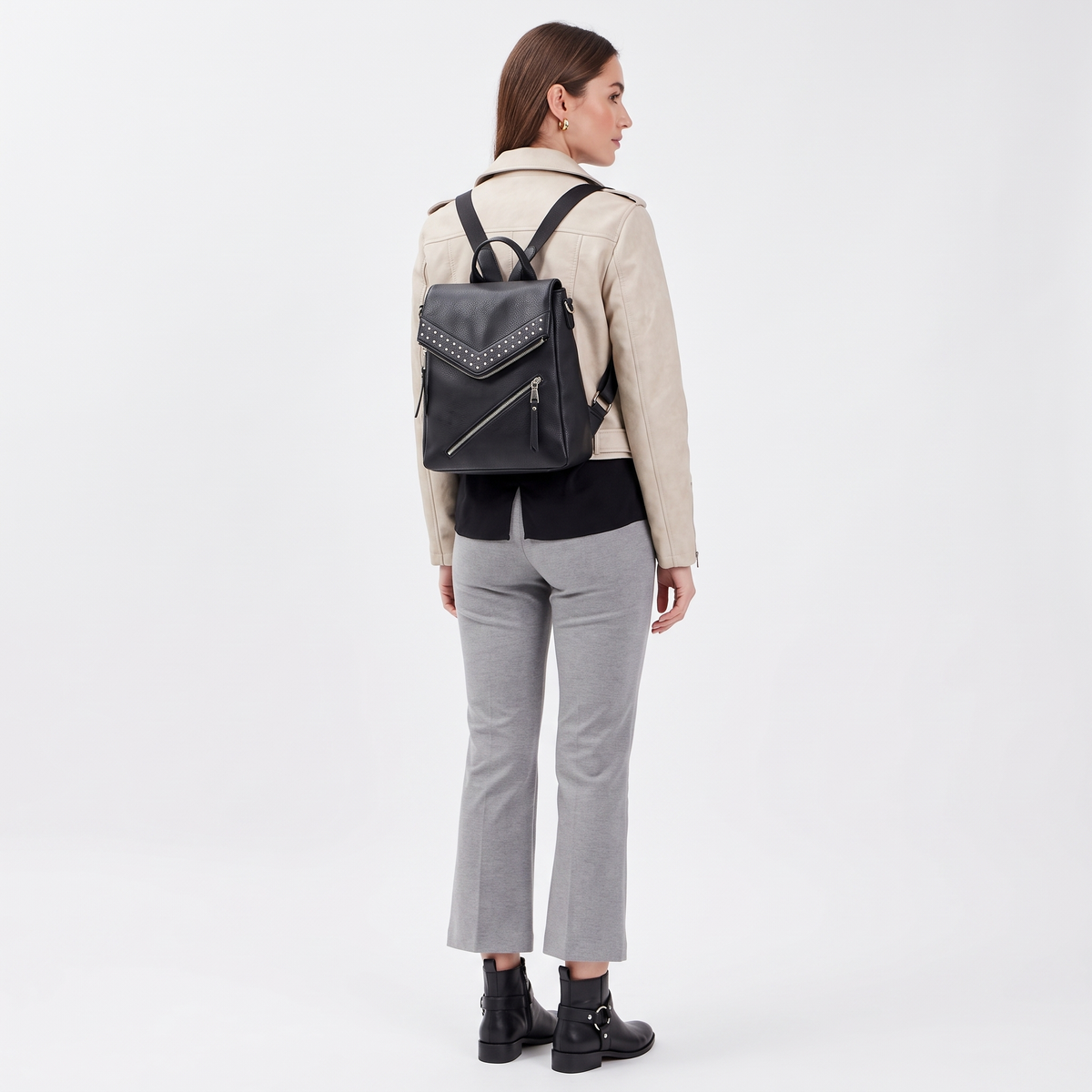 Faux Leather Studded Backpack for Women, Black Everyday Casual Backpack Purse