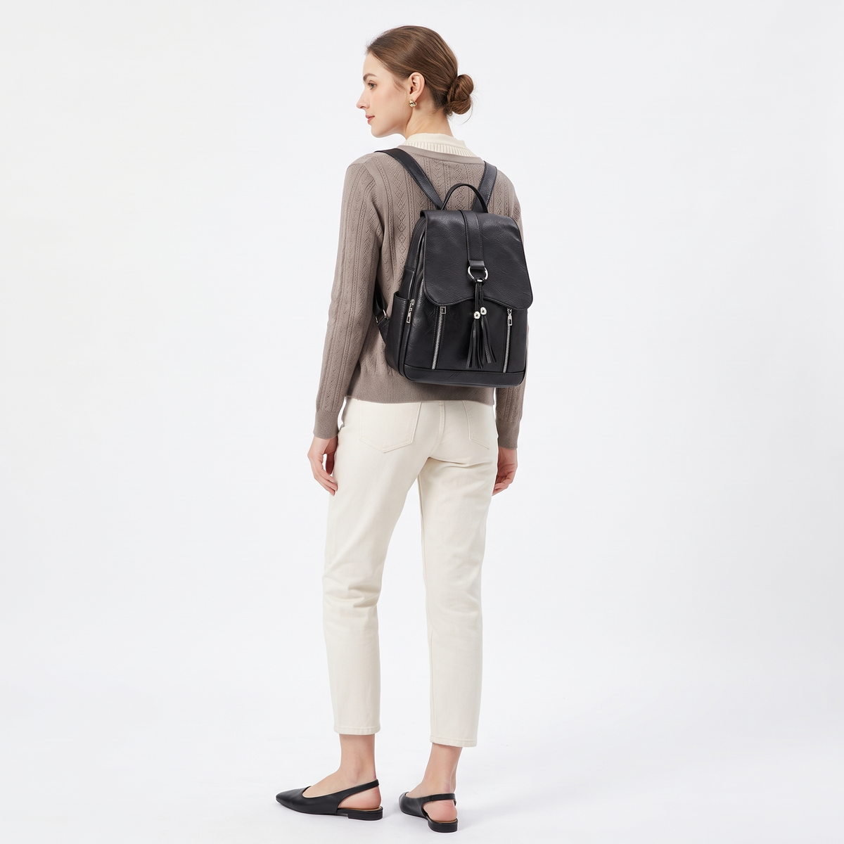 Faux Leather Tassel Flap Backpack for Women, Black Everyday Casual Backpack Purse