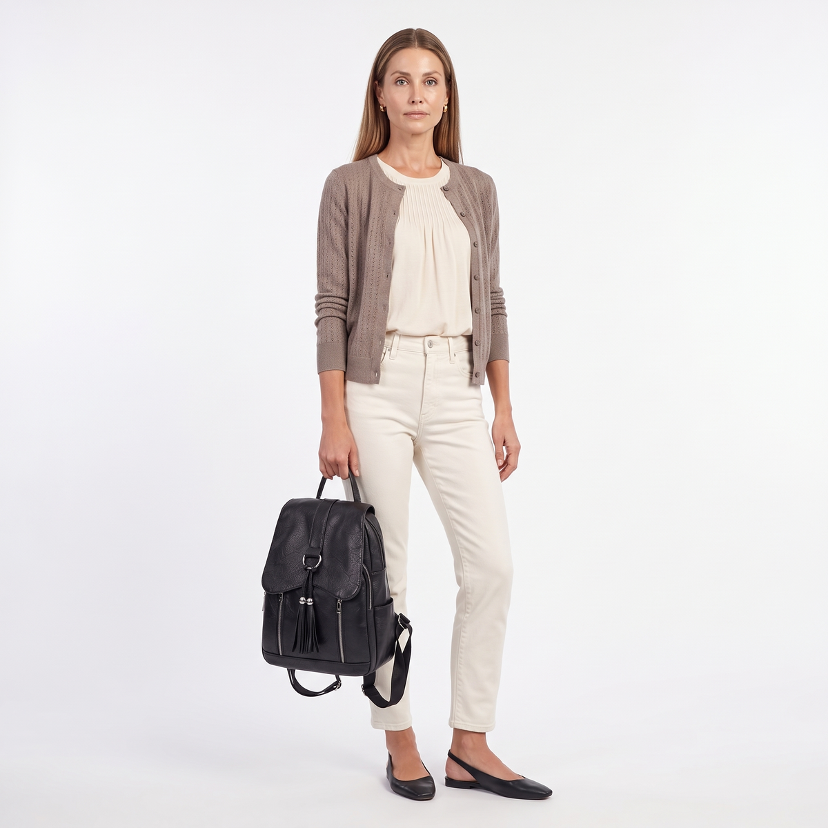 Faux Leather Tassel Flap Backpack for Women, Black Everyday Casual Backpack Purse