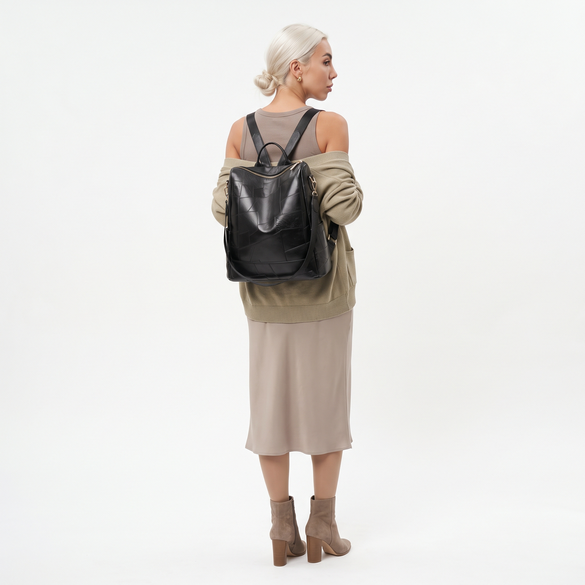 Glossy Faux Leather Patchwork Backpack for Women, Black City Backpack Purse