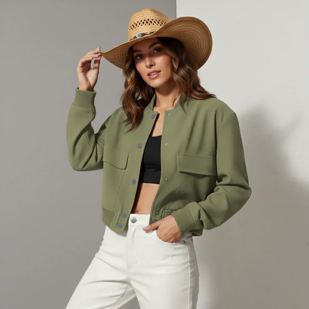 Women's Leather Bomber Jacket | Button Front with Collar