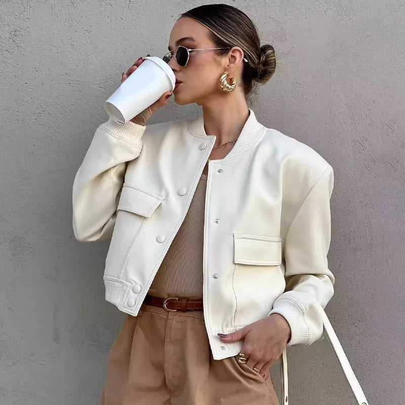 Women's Leather Bomber Jacket | Cropped Flap Pocket Snap Button