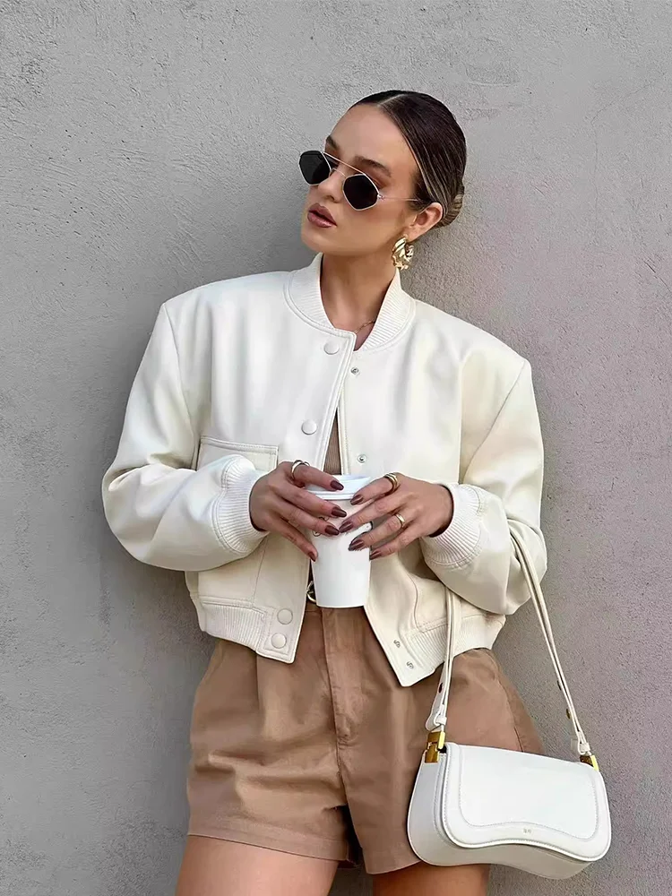 Women's Leather Bomber Jacket | Cropped Flap Pocket Snap Button