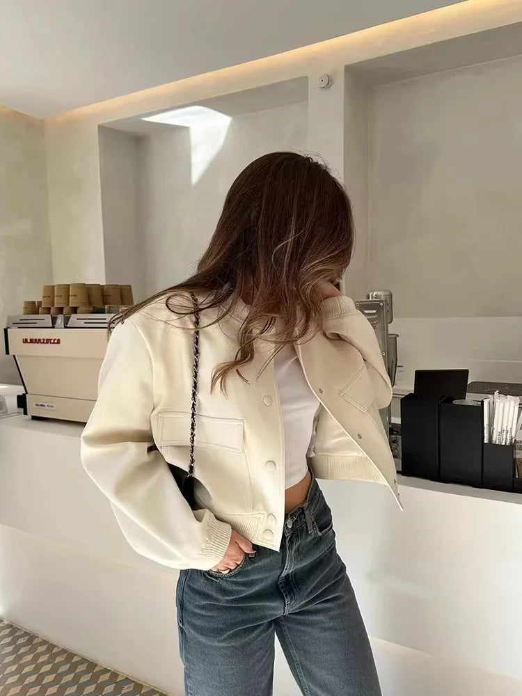 Women's Leather Bomber Jacket | Cropped Flap Pocket Snap Button