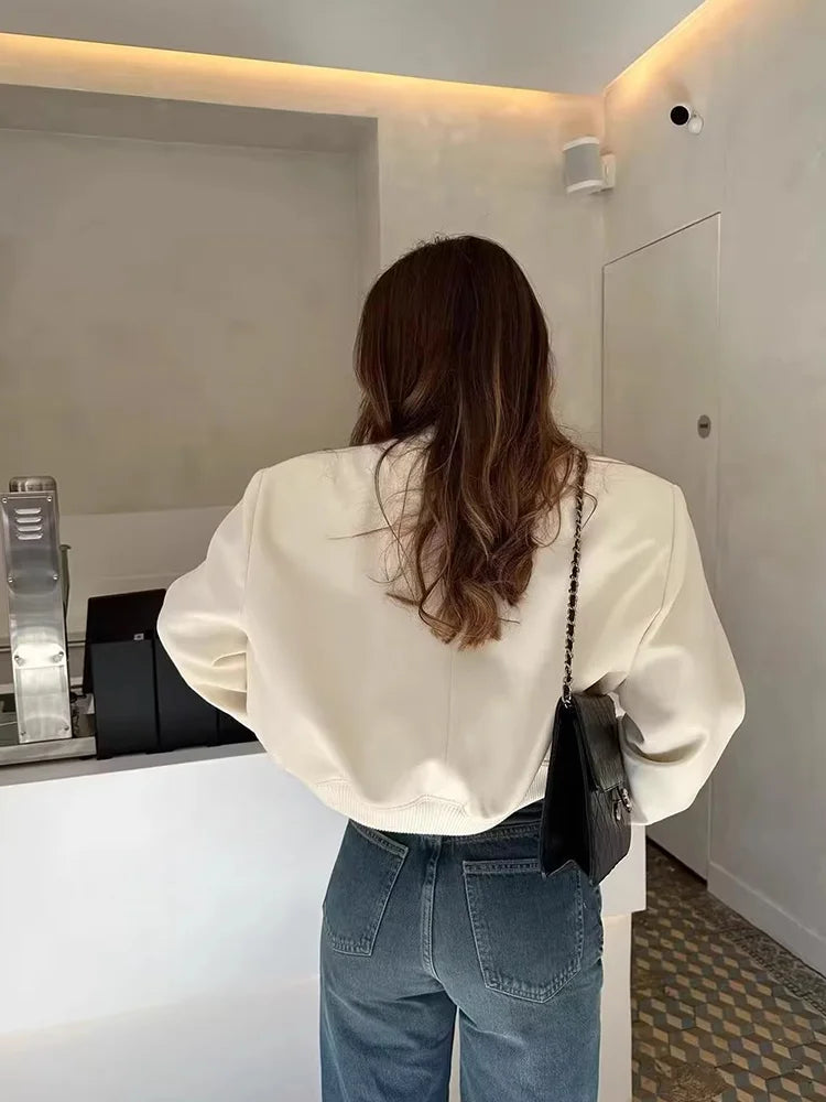 Women's Leather Bomber Jacket | Cropped Flap Pocket Snap Button