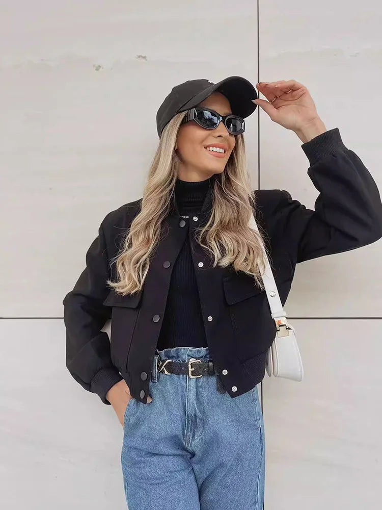 Women's Leather Bomber Jacket | Cropped Flap Pocket Snap Button
