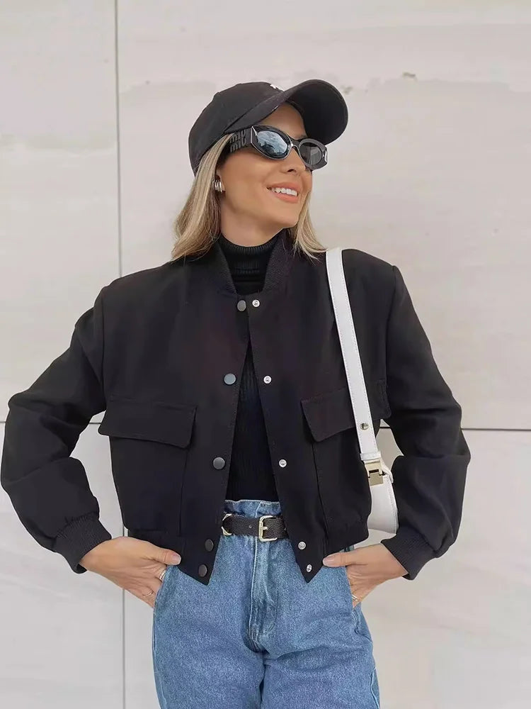 Women's Leather Bomber Jacket | Cropped Flap Pocket Snap Button