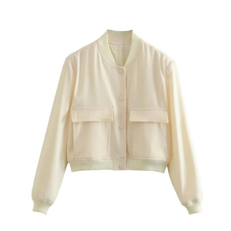 Women's Leather Bomber Jacket | Cropped Flap Pocket Snap Button