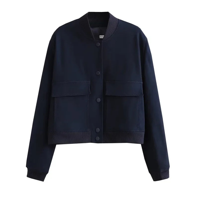 Women's Leather Bomber Jacket | Cropped Flap Pocket Snap Button