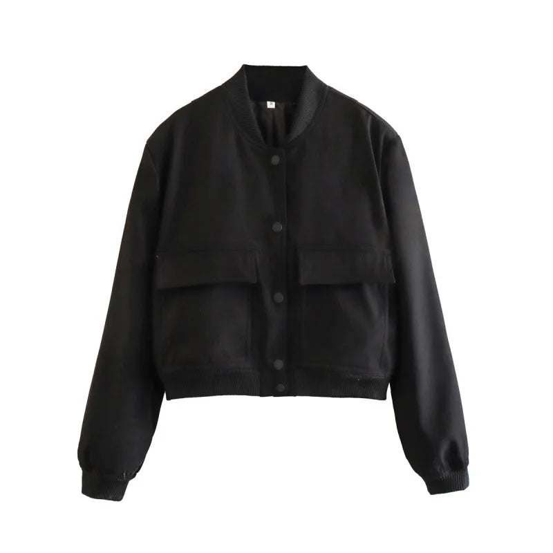 Women's Leather Bomber Jacket | Cropped Flap Pocket Snap Button