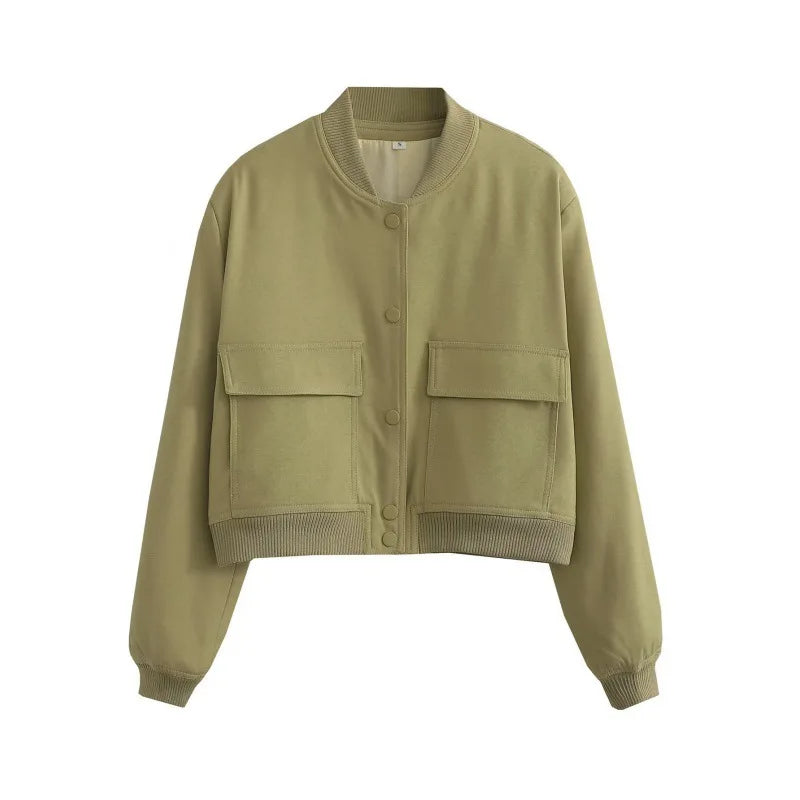 Women's Leather Bomber Jacket | Cropped Flap Pocket Snap Button