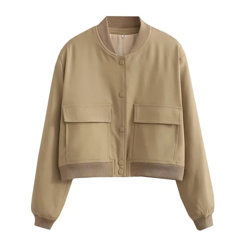 Women's Leather Bomber Jacket | Cropped Flap Pocket Snap Button