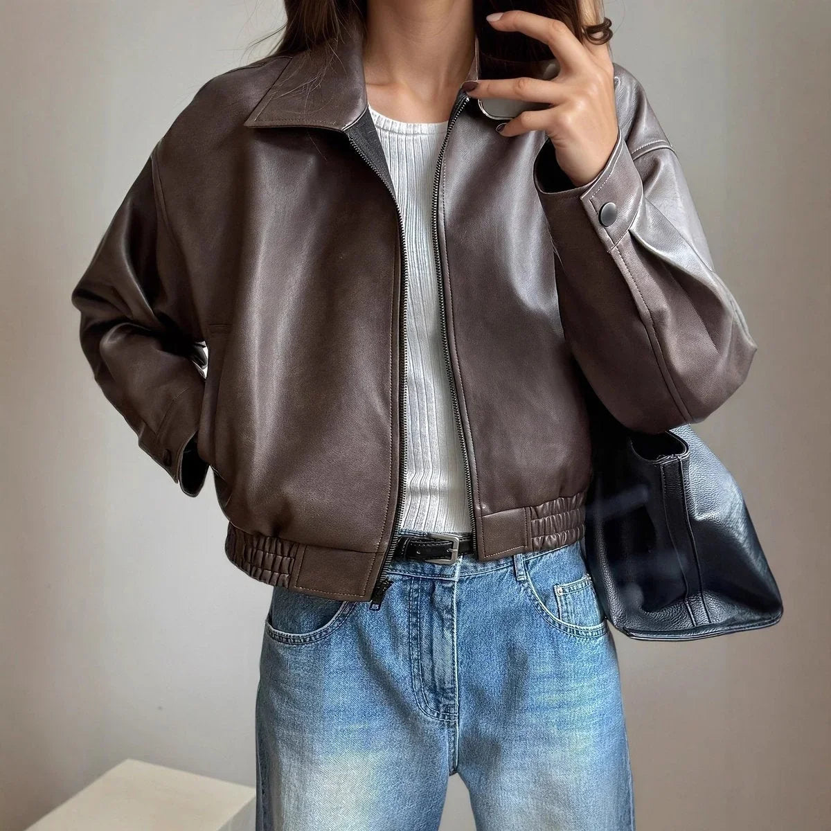 Women's Leather Jacket | Brown Cropped Zip-Up Bomber