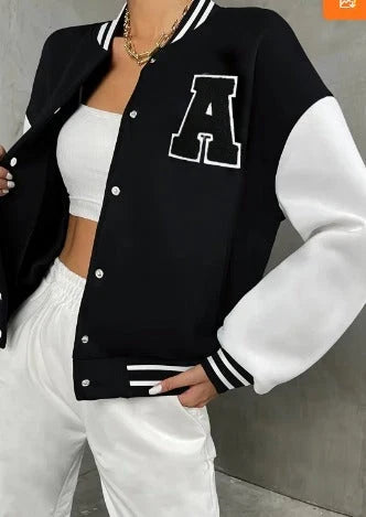 Women's Letterman Jacket | Snap Front Black and White Varsity