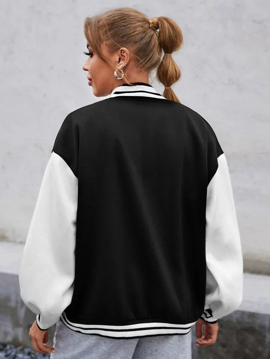 Women's Letterman Jacket | Snap Front Black and White Varsity