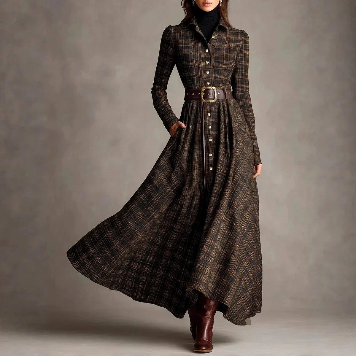 Women's Long Sleeve Shirt Dress | Belted Plaid Maxi