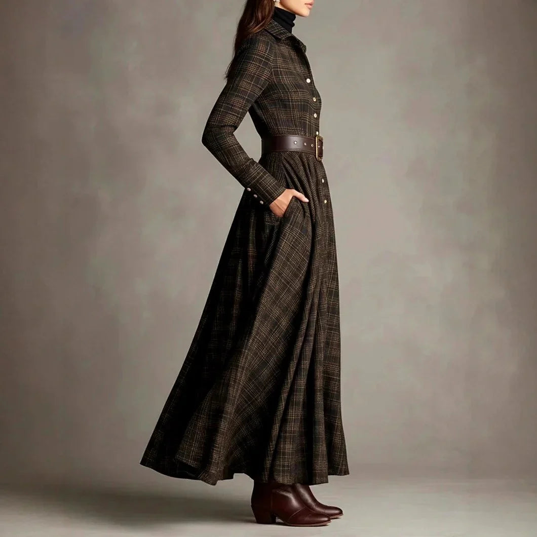 Women's Long Sleeve Shirt Dress | Belted Plaid Maxi