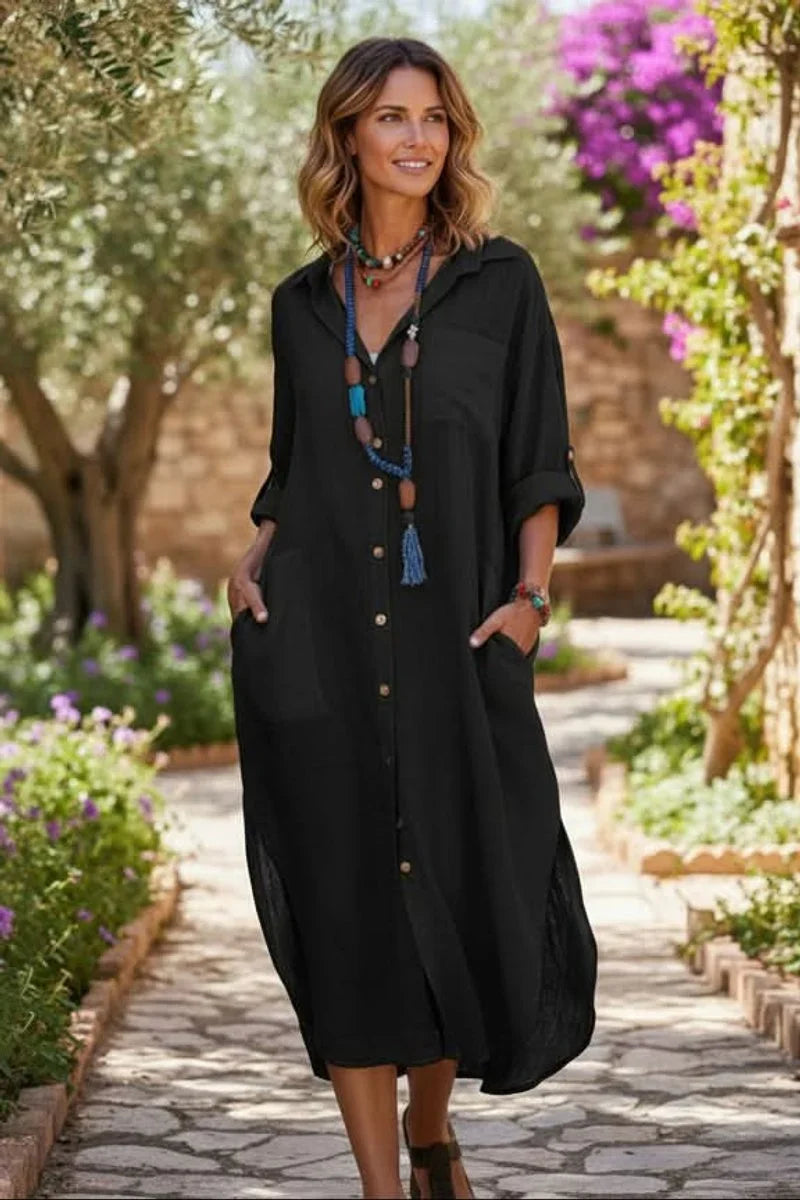 Women's Long Sleeve Shirt Dress | Linen Blend Midi Style
