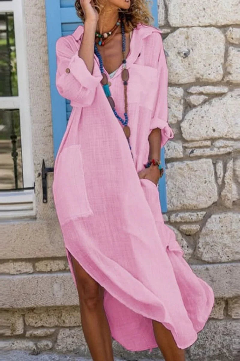 Women's Long Sleeve Shirt Dress | Linen Blend Midi Style
