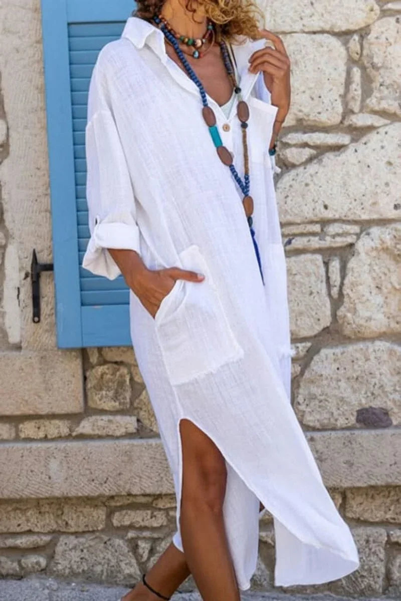 Women's Long Sleeve Shirt Dress | Linen Blend Midi Style