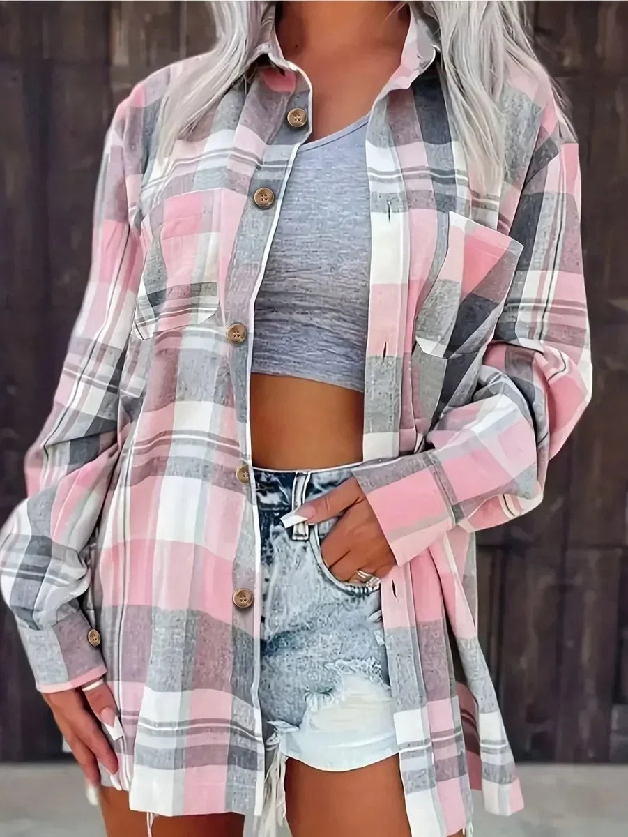 Women's Long Sleeve Shirt | Oversized Plaid Button Front
