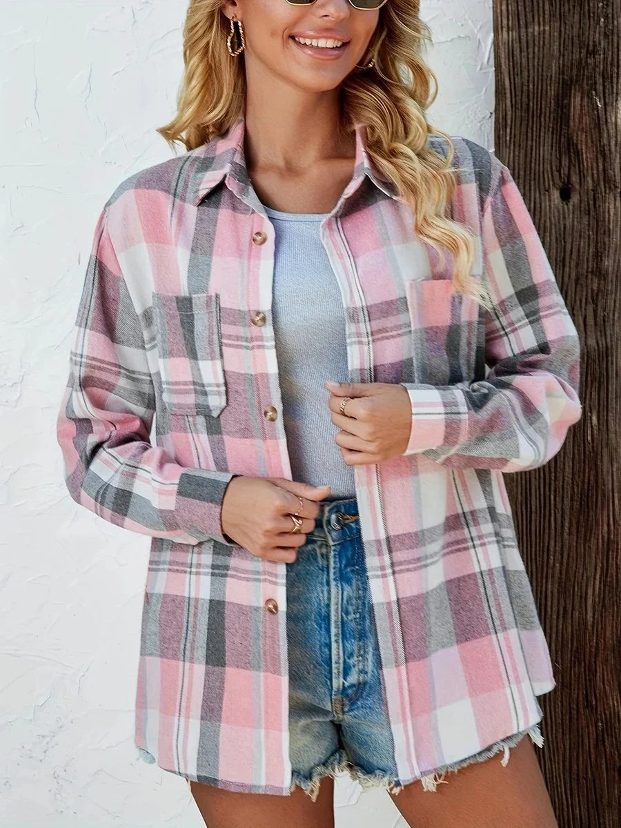 Women's Long Sleeve Shirt | Oversized Plaid Button Front