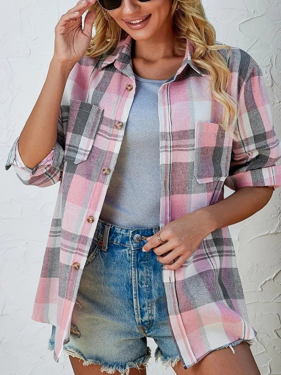 Women's Long Sleeve Shirt | Oversized Plaid Button Front