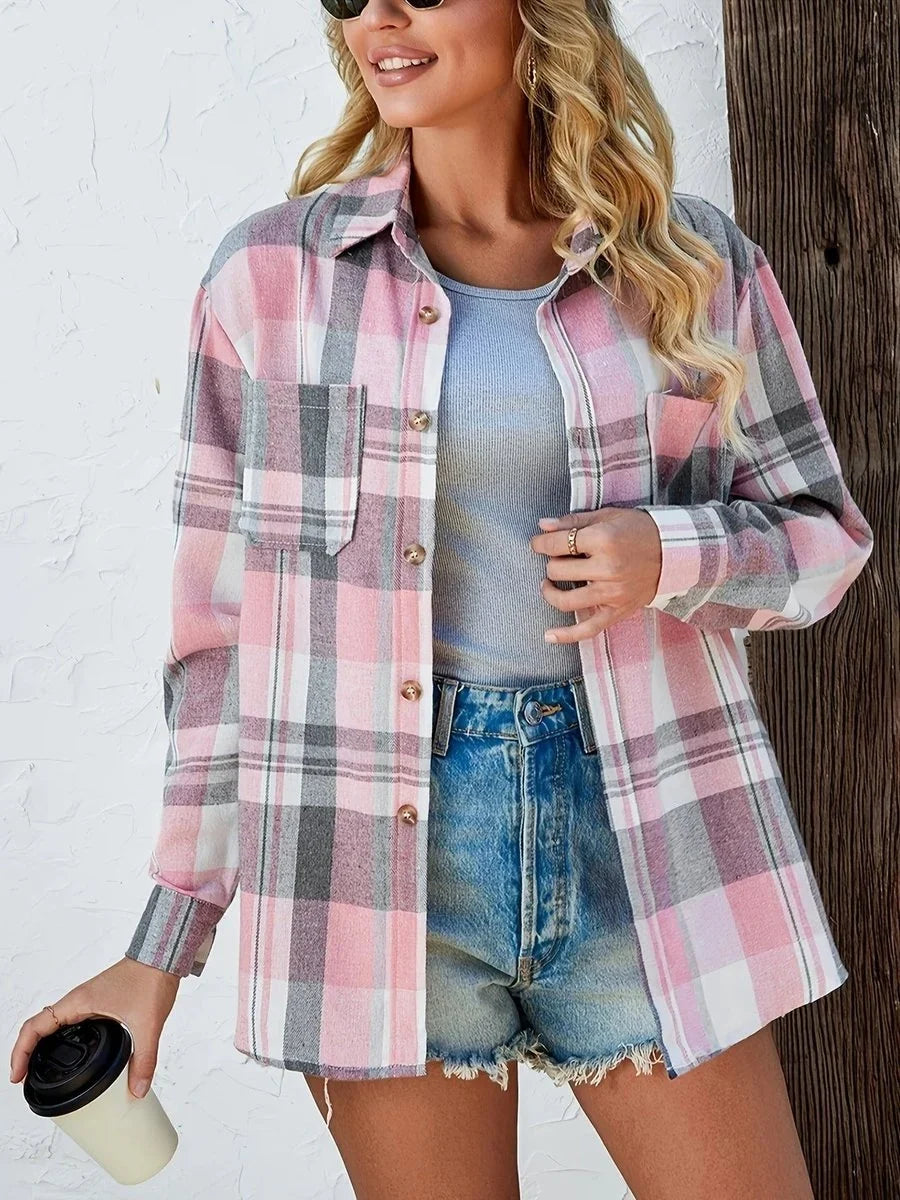 Women's Long Sleeve Shirt | Oversized Plaid Button Front