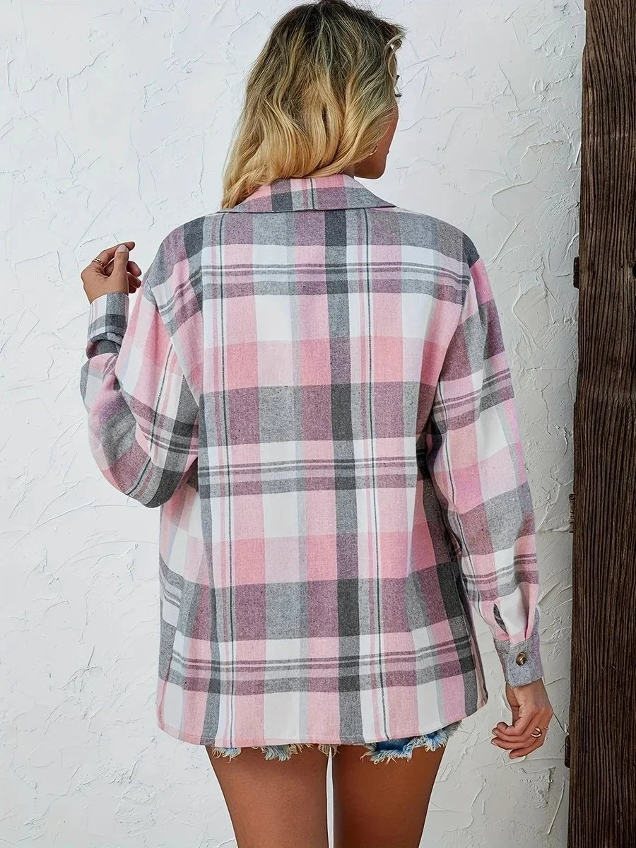 Women's Long Sleeve Shirt | Oversized Plaid Button Front