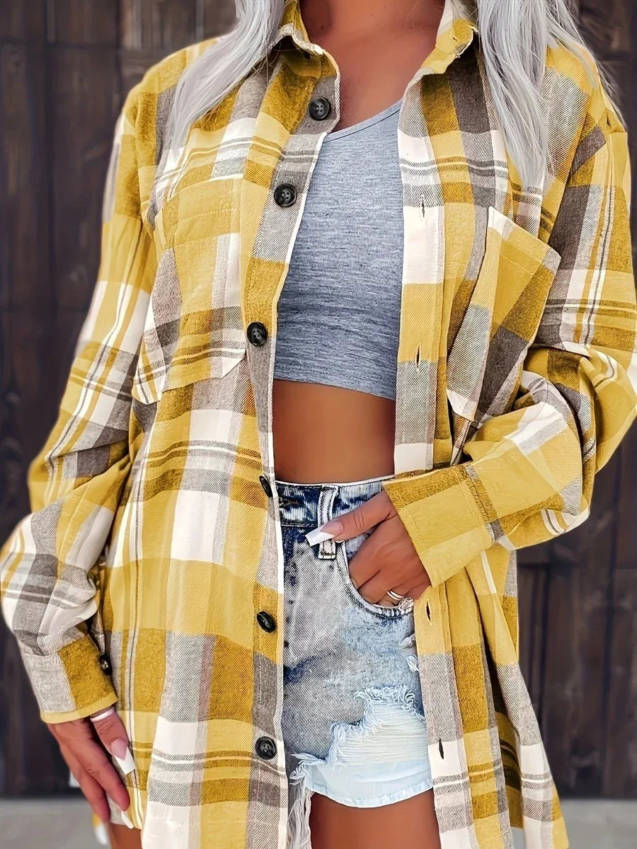 Women's Long Sleeve Shirt | Oversized Plaid Button Front